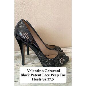 Valentino Garavani Black Patent Lace Peep Toe Pumps Heels Size 37.5 (7.5 US)